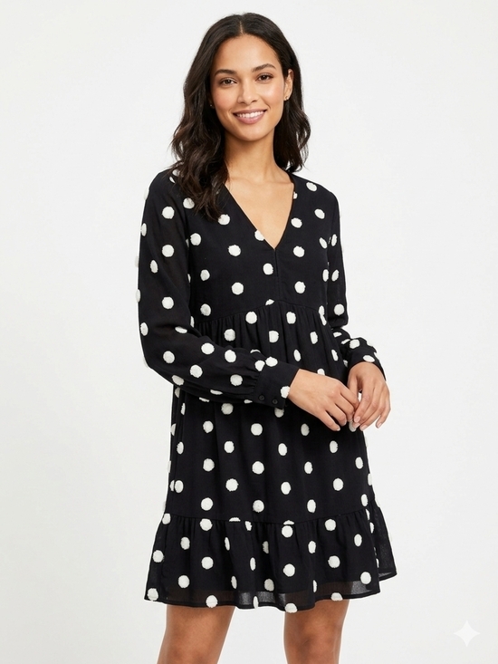 C Est. 1946 Dresses & Skirts - V-Neck Long Sleeve Polka Dot Dress - Black/White